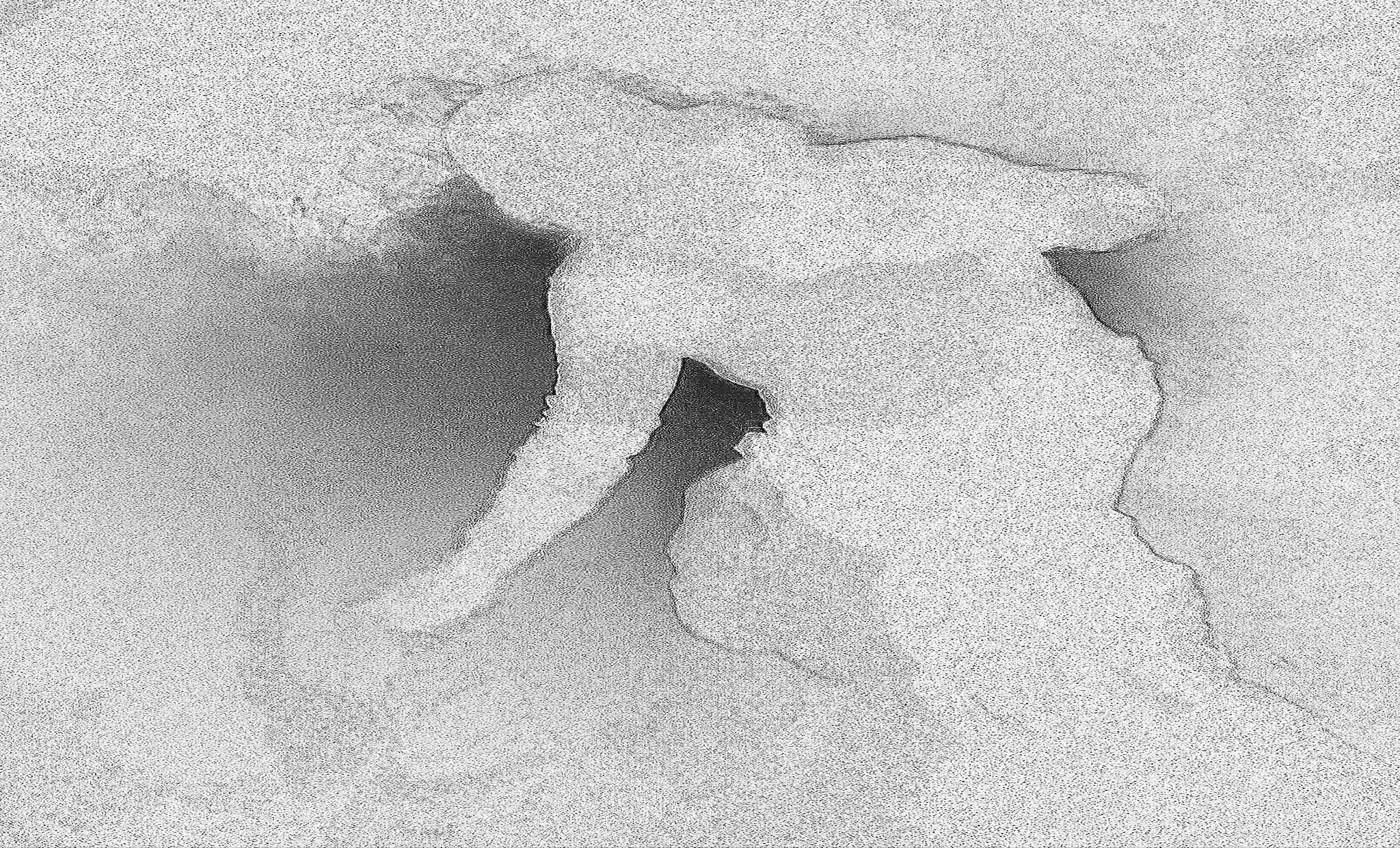 A grainy monochrome image of cracked ground